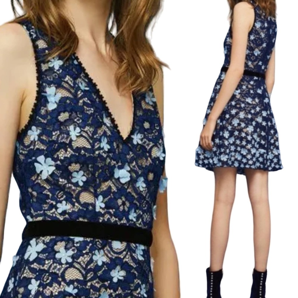 Foxiedox Felicia Floral Applique Fit & Flare Mini Dress Lace Overlay Blue NEW